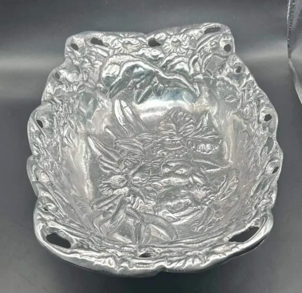 Vintage Peltrina Peltre Pewter Oval Floral Serving Bowl with Pierced Handles
